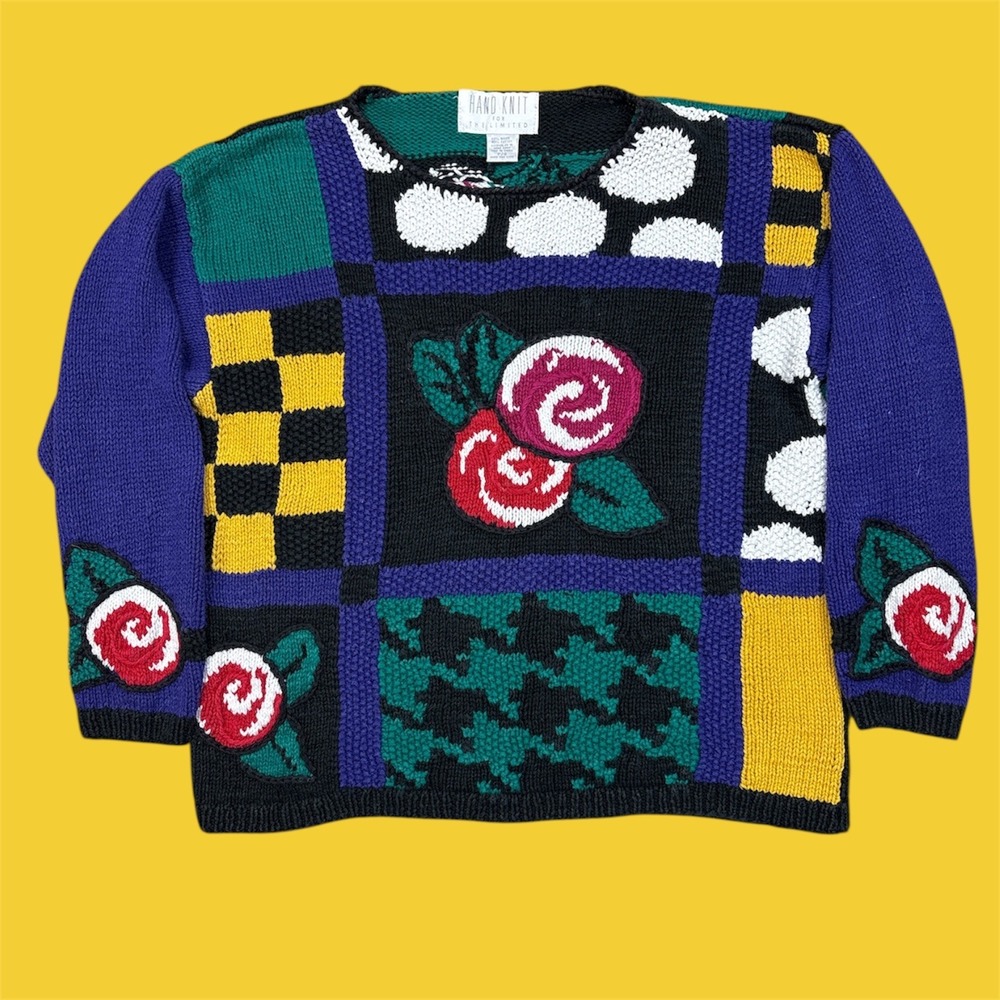 VTG Hand Knit For The Limited Multi Color Rose Patchwork Sweater Women P/Stage‎